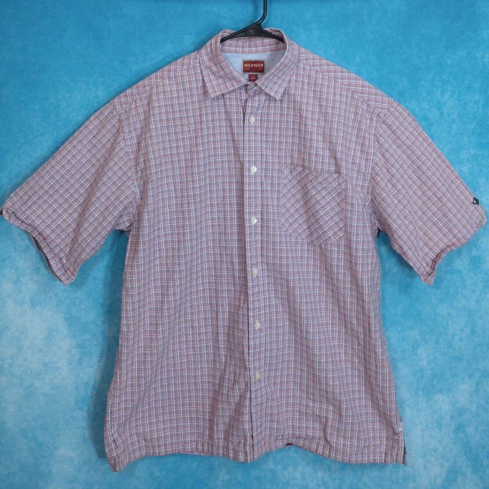 Tommy Hilfiger Denim Button Up Short Sleeve Men's Shirt, Plaid, Size Large